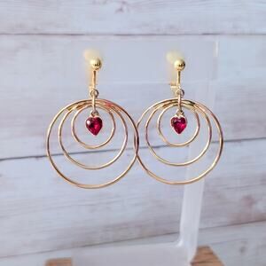Vintage Clip On Earrings Large Gold Tone & Red Heart Dangle Valentine's Love